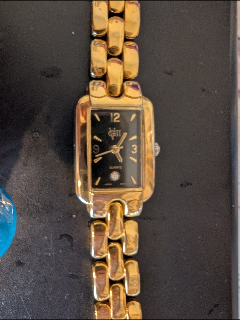 Women's Gold-Tone Rectangular Bracelet Watch with Black Dial